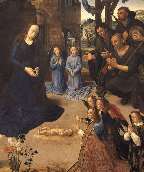 Adorazione dei pastori con angeli e i santi Tommaso, Antonio abate, Margherita, Maria Maddalena e la famiglia Portinari (recto); Annunciazione (verso) Adorazione dei pastori con angeli e i santi Tommaso, Antonio abate, Margherita, Maria Maddalena e la famiglia Portinari (recto); Annunciazione (verso)