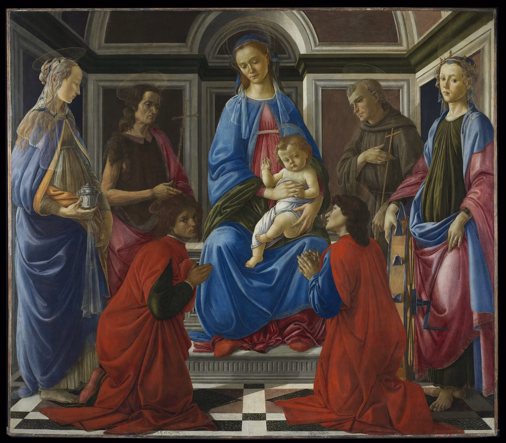 Virgin and Child enthroned with the saints Mary Magdalene, John the Baptist, Francis of Assisi, Catherine of Alexandria, Cosmas and Damian