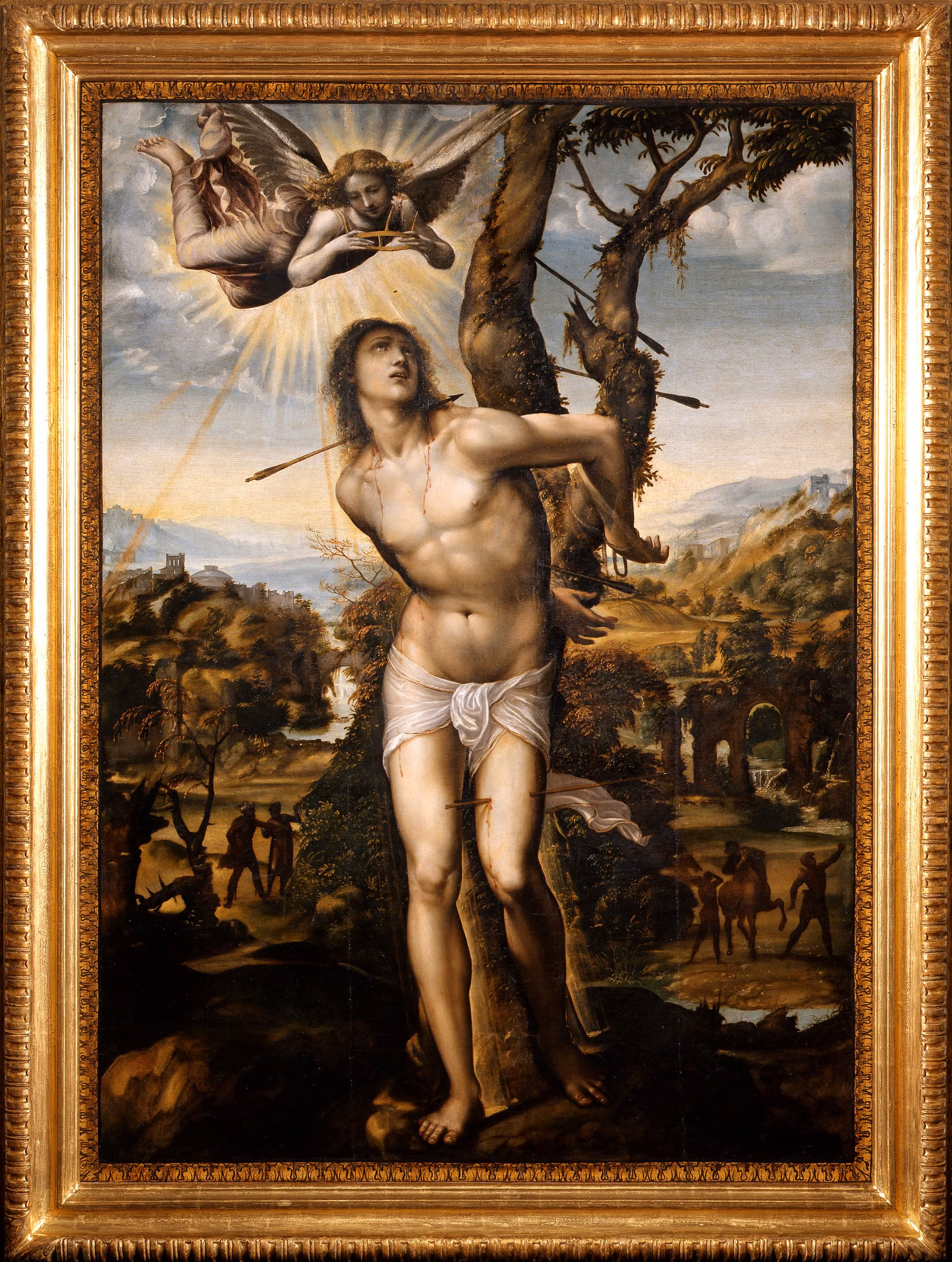 St Sebastian's processional gonfalon. Martyrdom of St Sebastian (recto)