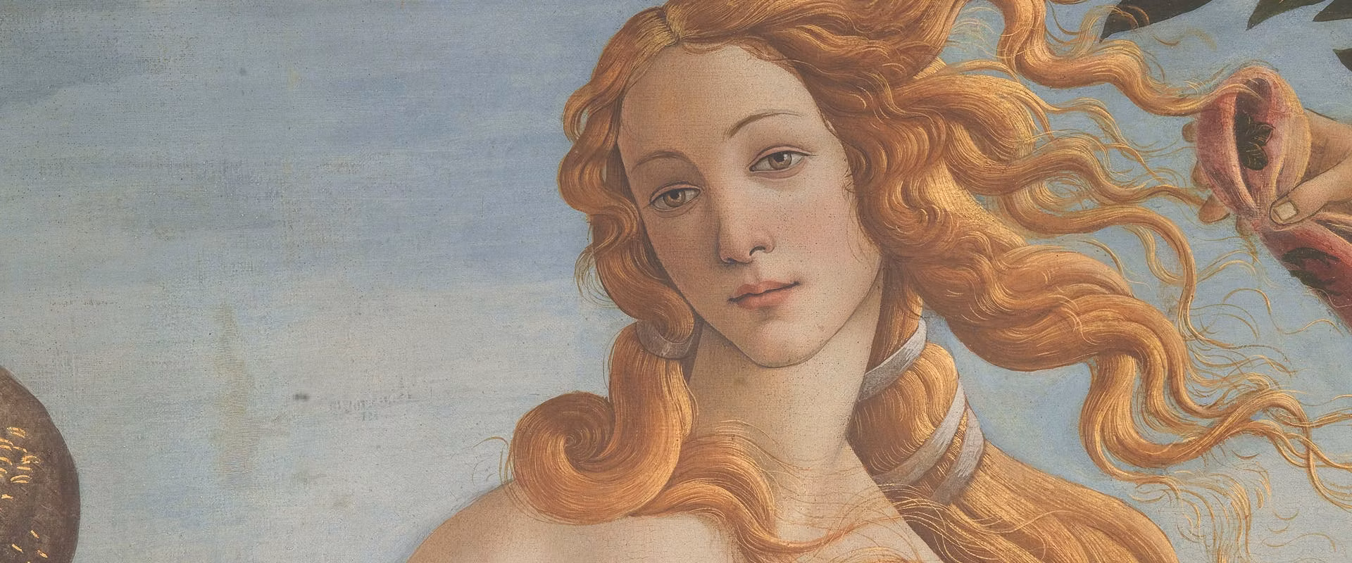 A close-up of a classical painting depicts a serene woman with long, flowing golden hair, set against a soft blue background, highlighting Renaissance artistry and classical beauty themes.