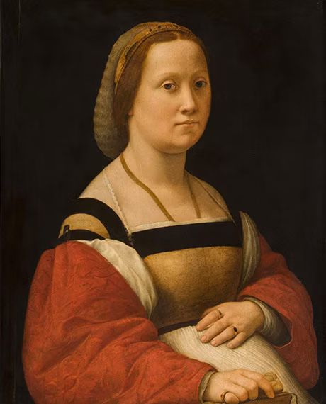 A portrait of a woman from the Renaissance period, dressed in a richly colored gown with intricate patterns, a headpiece, and jewelry, set against a dark background, highlighting her serene expression and posture.
