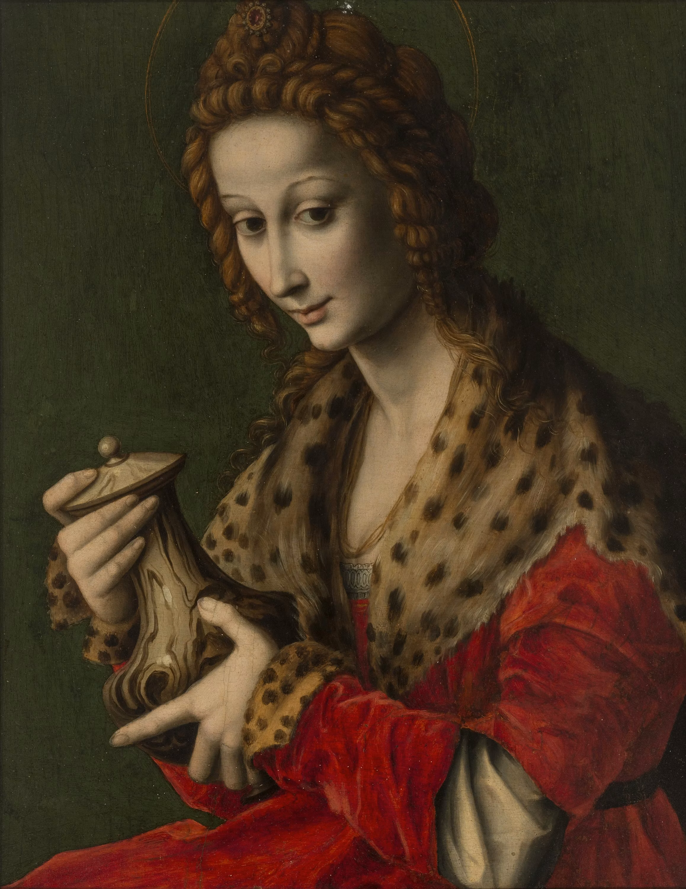 Mi dispiace, non so chi sia nella foto. 

Una figura rinascimentale in abito rosso e manto con pelliccia maculata tiene in mano un contenitore decorato, su uno sfondo verde scuro.