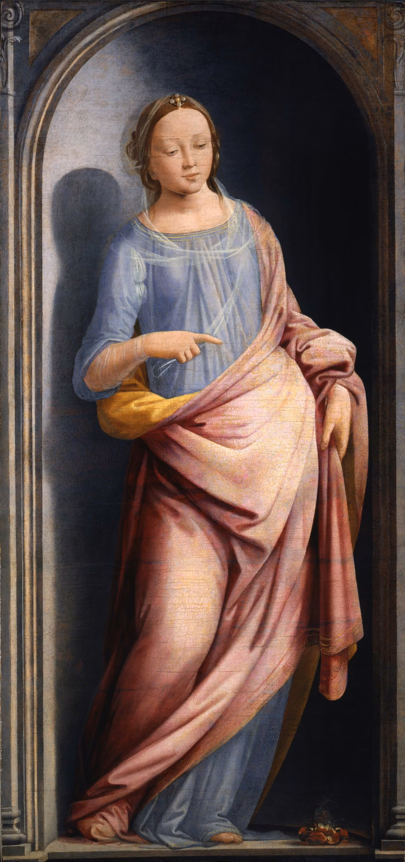 A Renaissance-style painting depicts a serene woman in elegant attire, standing gracefully within an ornate archway, with soft drapery flowing around her.