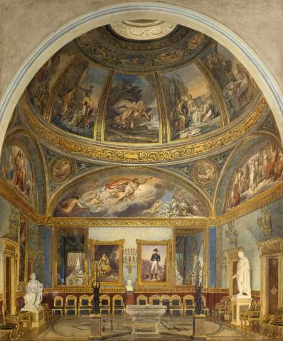 A grand, ornately decorated room features a domed ceiling adorned with classical frescoes, luxurious gold trim, opulent chandeliers, and numerous statues and framed paintings lining the richly furnished space.