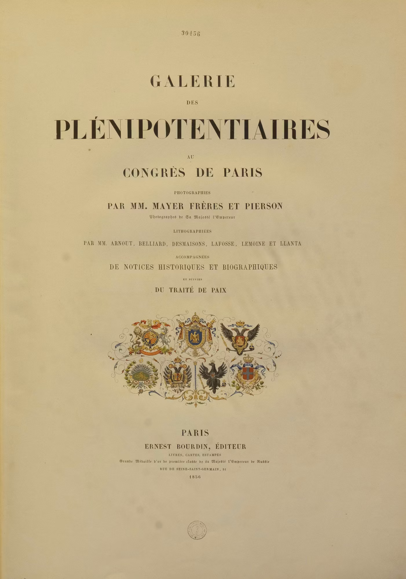 Title page of a historical book titled "Galerie des Plénipotentiaires au Congrès de Paris," featuring intricate heraldic crests and elaborate typography.