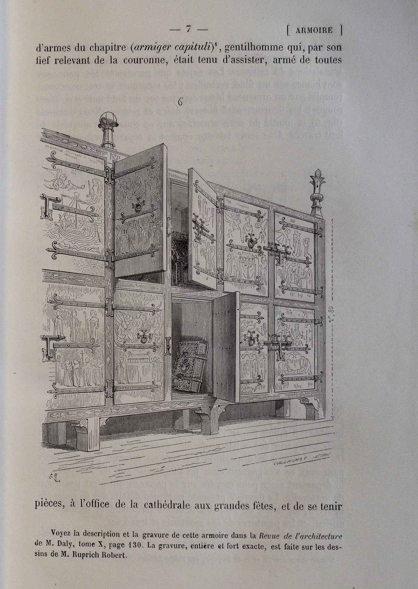 An antique black-and-white illustration depicts a detailed armoire with ornate carvings, open to reveal multiple compartments and shelves, set against a textured, historical document background.