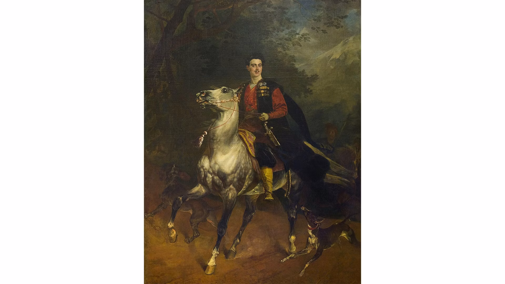 A man dressed in regal red attire sits confidently on a white horse, surrounded by a dark forest backdrop, exuding an air of historical elegance and nobility.