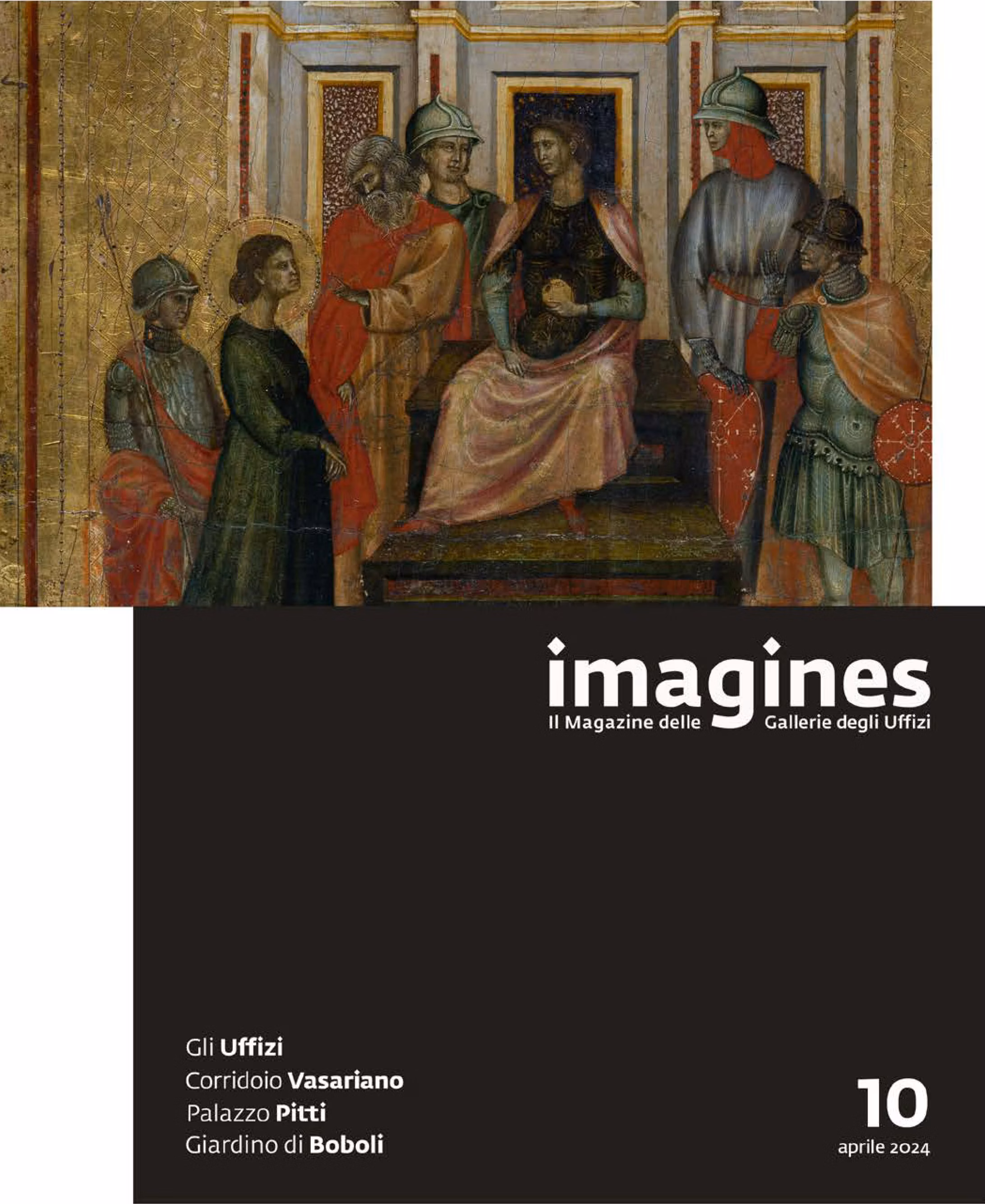 Un'opera d'arte rinascimentale raffigura un gruppo di persone in abiti storici, con figure sedute e in piedi attorno a un trono, sullo sfondo di un interno riccamente decorato, con il logo e le informazioni di una rivista dedicate alle Gallerie degli Uffizi nella parte inferiore dell'immagine.