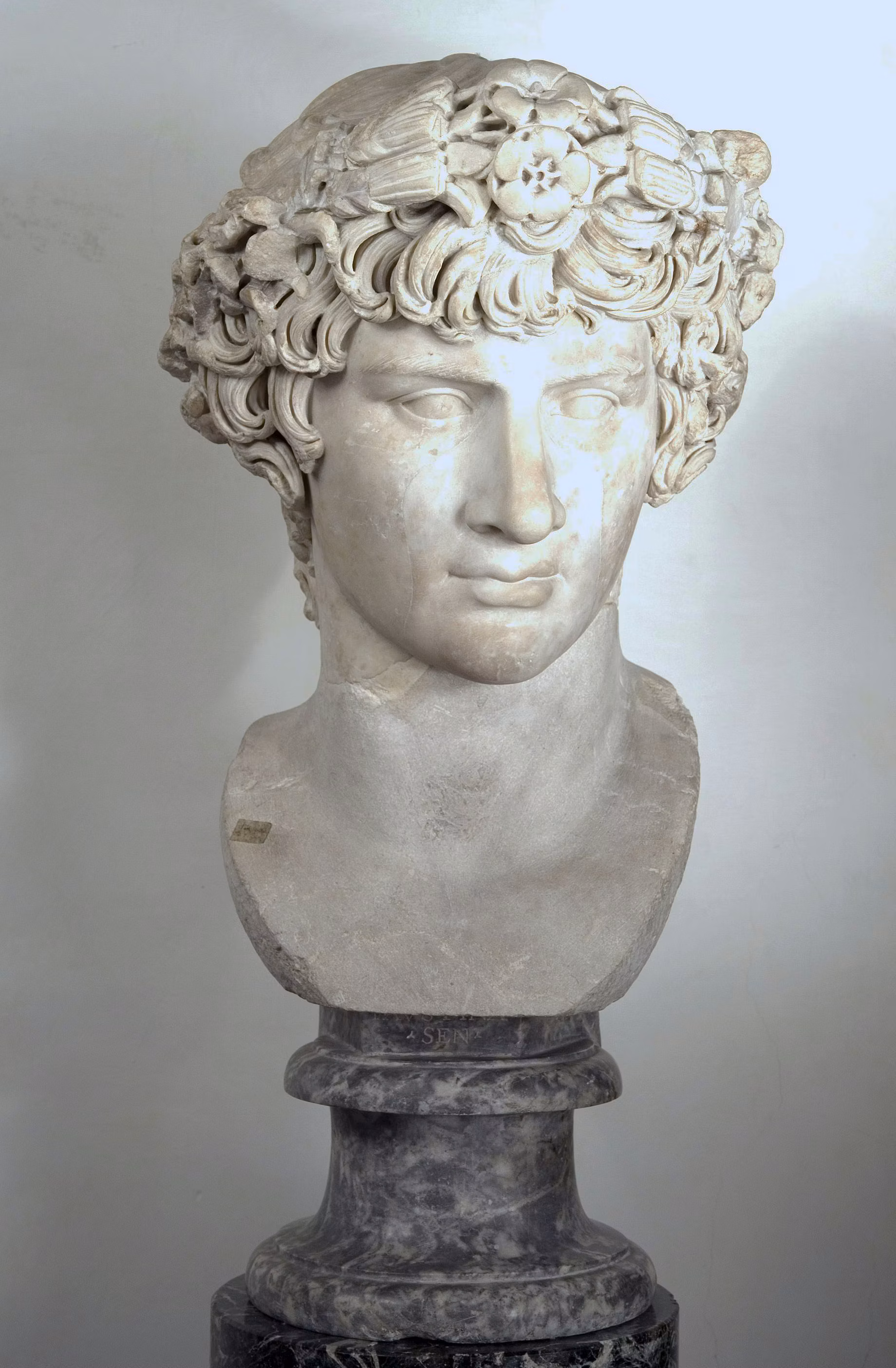 Un busto di marmo antico raffigurante una figura classica, con un'elaborata acconciatura riccia e una base decorativa in pietra scura.
