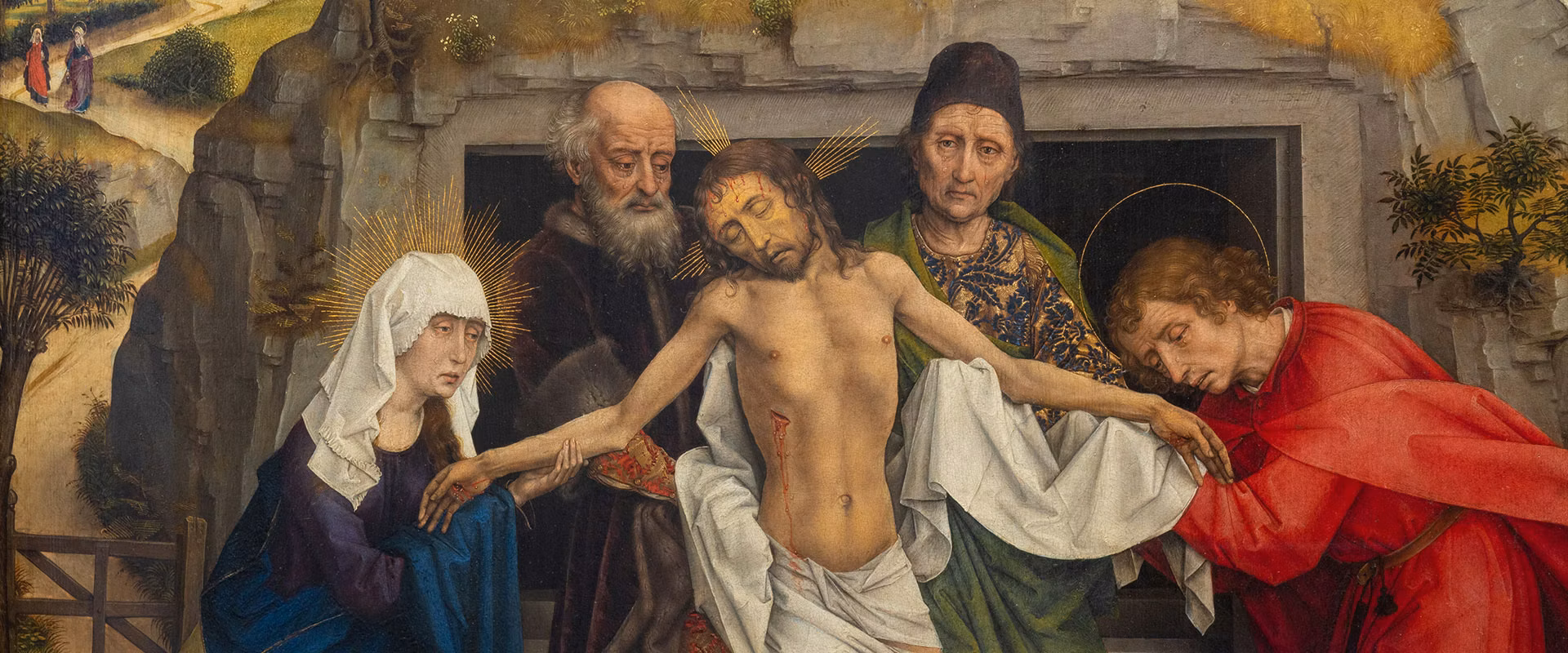 In primo piano, un dipinto rinascimentale raffigura la Deposizione di Cristo, circondato da figure in abiti antichi, in un paesaggio dettagliato con una croce e colline sullo sfondo.