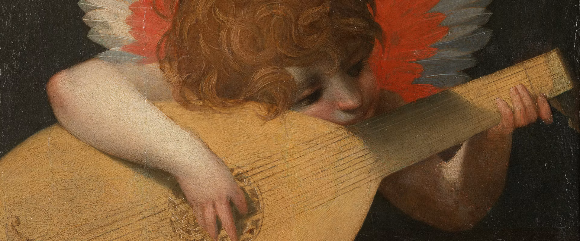 Un angelo dai capelli ricci suona un liuto con ali rosse e bianche in uno sfondo scuro, creando un'atmosfera celestiale e artistica.