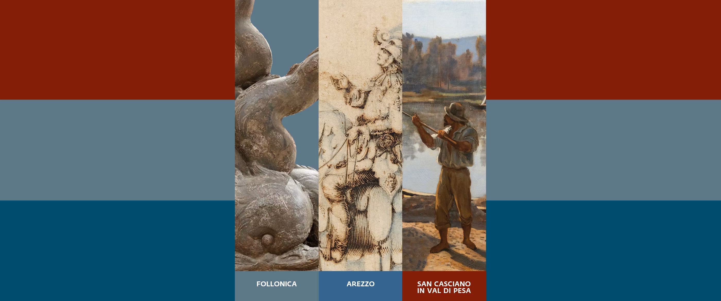 Three distinct art pieces are displayed, featuring abstract sculptural forms in Follonica, a detailed drawing in Arezzo, and a painting depicting a man with a fishing net in San Casciano in Val di Pesa, all set against a striped maroon and steel blue background.